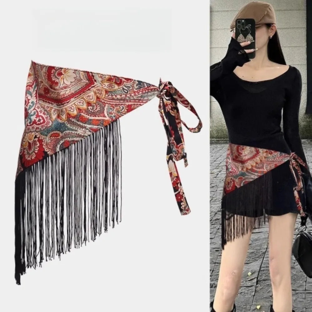 Chinese Style Triangular Waist Belt Tassel Printing Trim Butt Curtain Irregular Hem Ethnic Style Butt Curtain Skirt Jeans Decor Qme Style 5