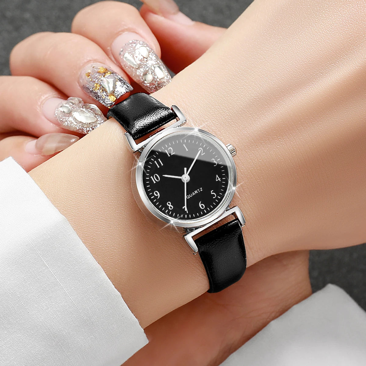 2 pçs/set moda pequeno mostrador feminino relógios de quartzo simples pulseira de couro relógio para meninas reloj mujer Qme black