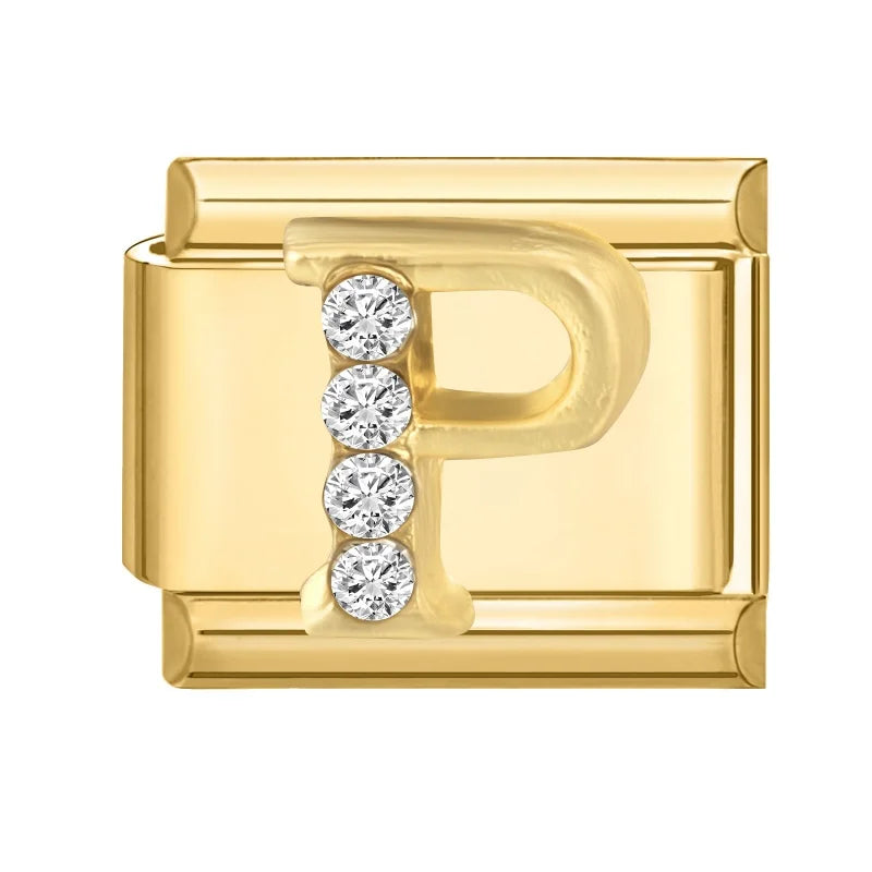 Wholesale Shiny CZ 26 Letters A-Z Gold Color Italian Charms Gold Plated 9mm Stainless Steel Modular Bracelet DIY Jewelry Gift Qme P