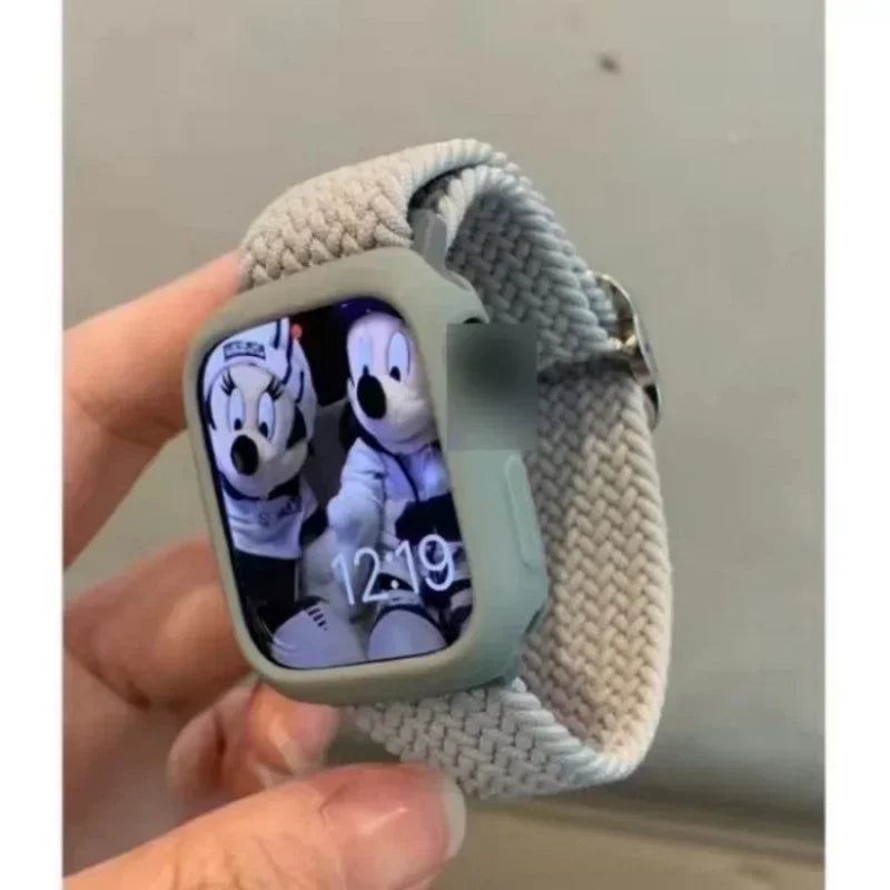 Korean Cute Braied Strap + Case For Apple Watch Band 49mm 41mm 45 44 38 42 Nylon Bracelet For iWatch Series 9 8 7 6 5 4 3 SE 40 Qme Grey For Series123 42MM
