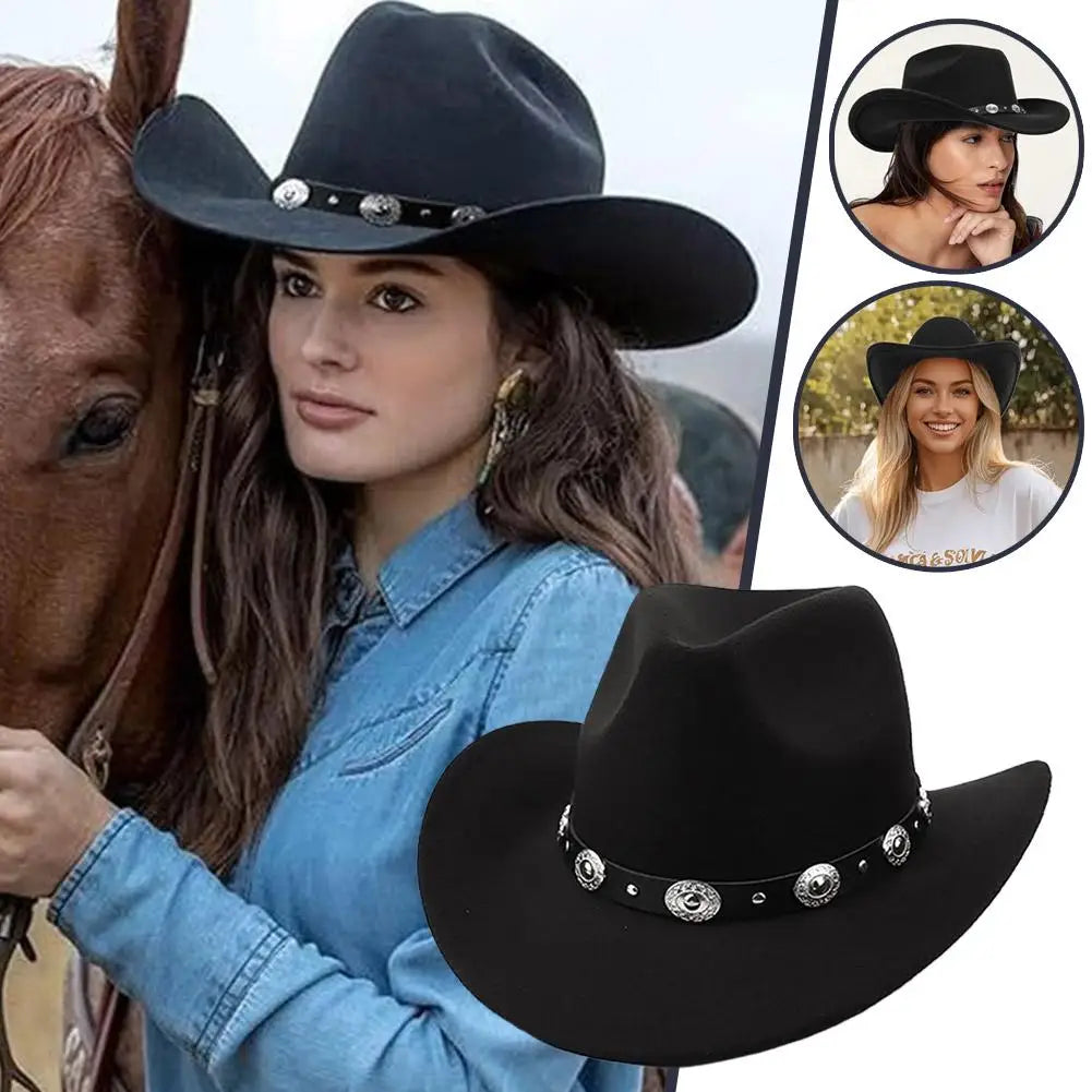 NEW Fashion Black Western Cowboy Classic Comfortable Roll Up Brim Belt Buckle Cowgirl Fedora Cowgirl Sombrero Hat Decoration Qme