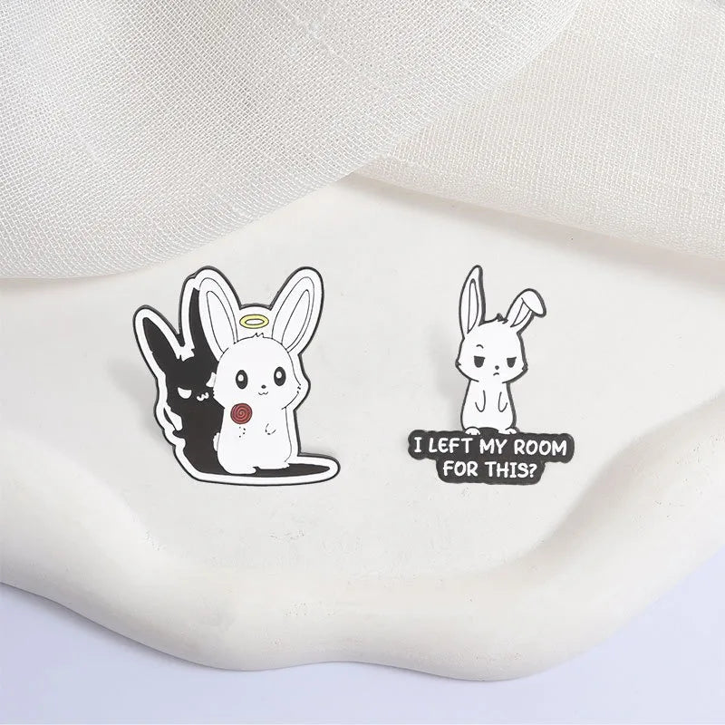 Cute Cartoon Rabbit Metal Enamel Pins Angel Halo Shadow Bunny & Slogan Text Brooches Backpack Hat Decor Gift For Teen Girls Qme