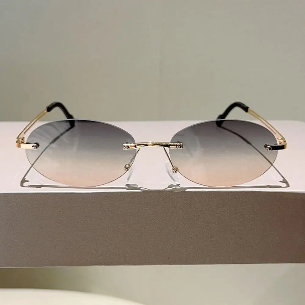 Trendy Vintage Frameless Sunglasses Metal Gradient Rimless Oval Sunglasses Small Frame Solid Color Fashion Shades Beachwear Qme