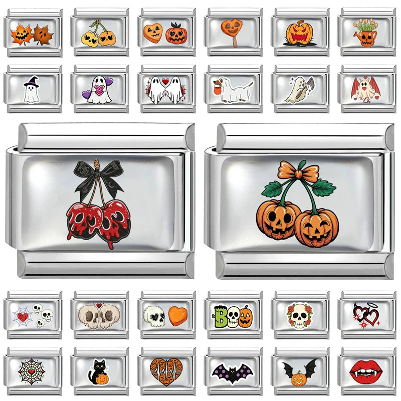 New 2026 Design Halloween Cherry Bow Pumpkins Ghost Italian Charm Links Fit 9MM Stainless Steel Bracelet Jewelry DIY Making Gift Qme