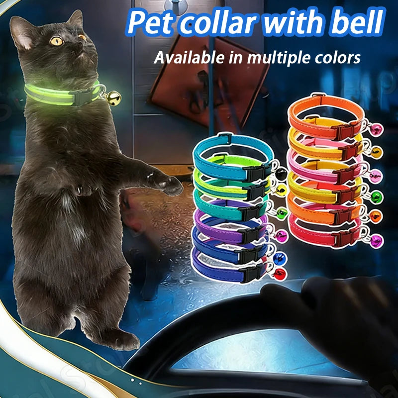 Round Ear Cat Dog Collar Glowing Pet Reflective Safety Buckle Bell Qme