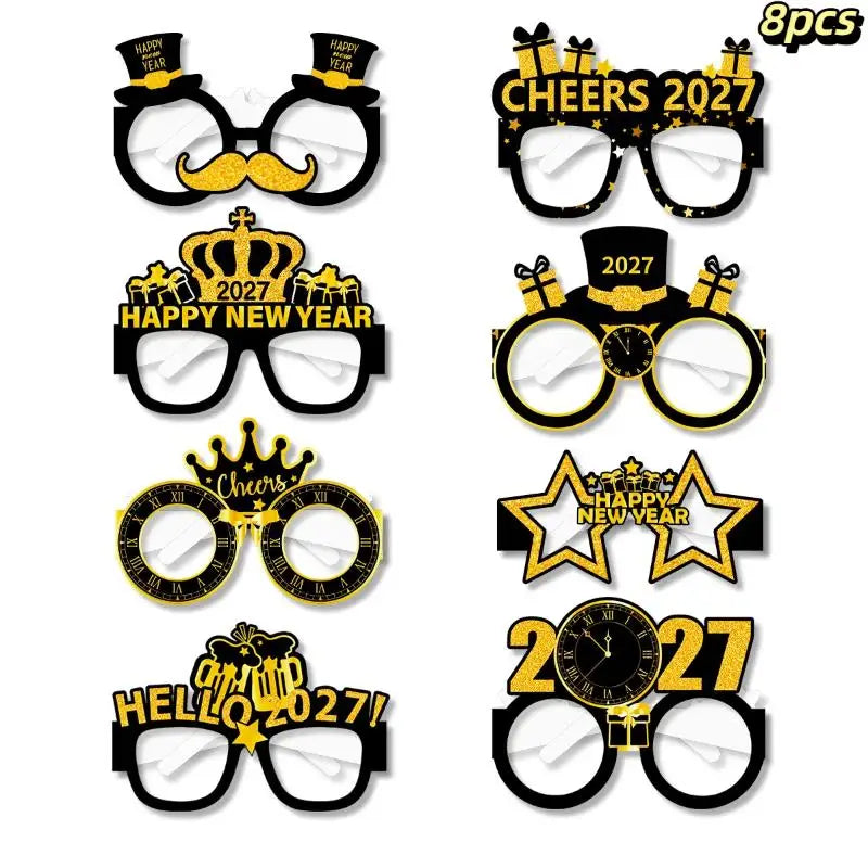 2027 Happy New Year Party Paper Glasses 8pcs Black Gold Glitter For New Years Eve Gatherings Photo Booth Props Qme A2
