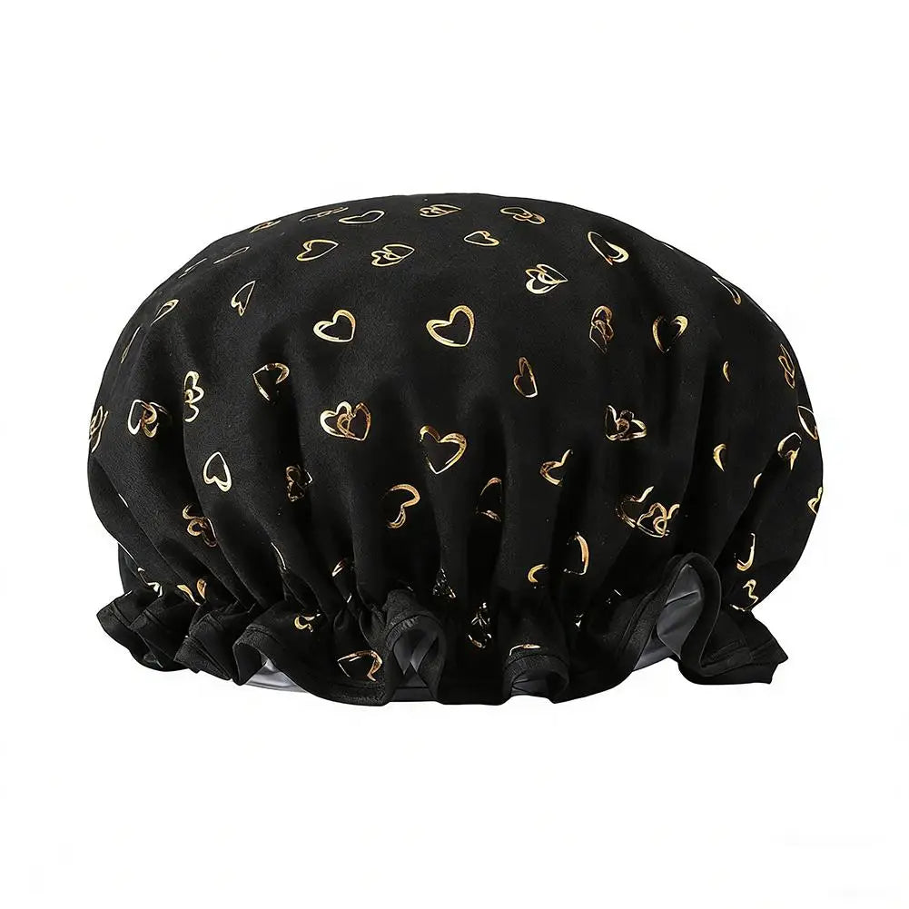 Large Shower Caps Women Reusable Waterproof Cap Double Layers Bath Qme Black
