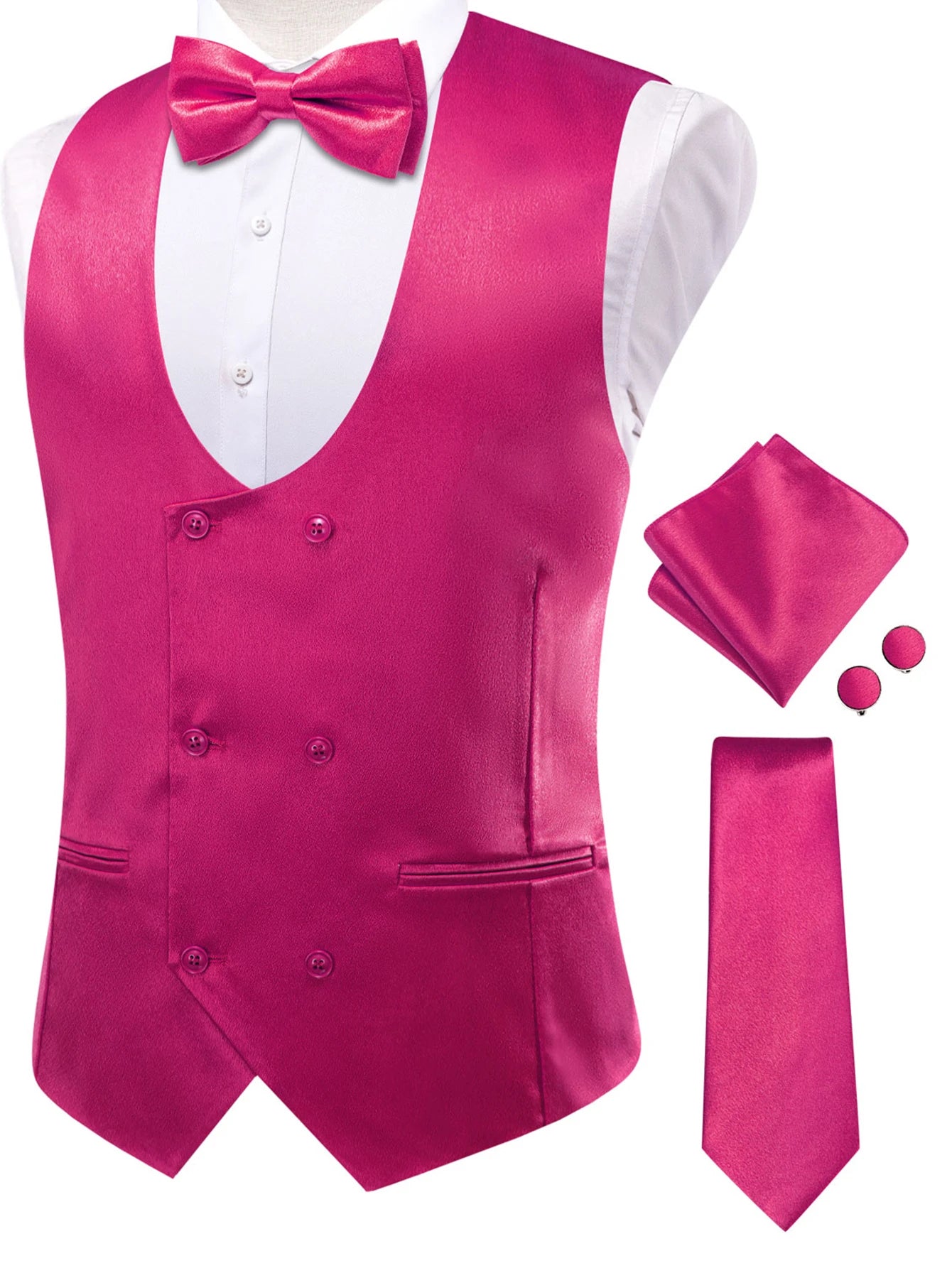 Men's Satin U Collar Vest Tie Hanky Cufflinks Bowtie Formal Waistcoat Qme MJTZ3252 S