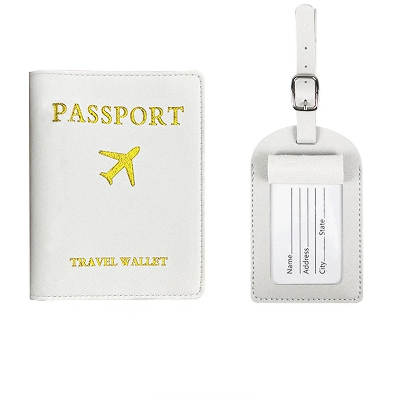 PU Leather Luggage Tag Passport Holder Set Passport Protective Cover Travel Portable ID Credit Card Holder Travel Accessories Qme White