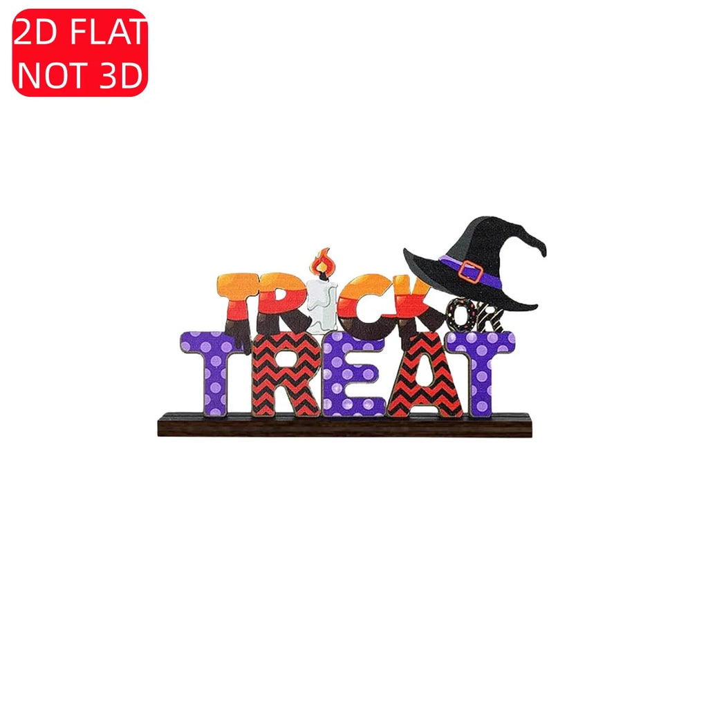 Halloween 2D Wooden Sign – “TRICK OR TREAT” with Witch Hat, Candle & Skeleton Hand. Spooky Season, Party, or Home Display Qme YXZH0401