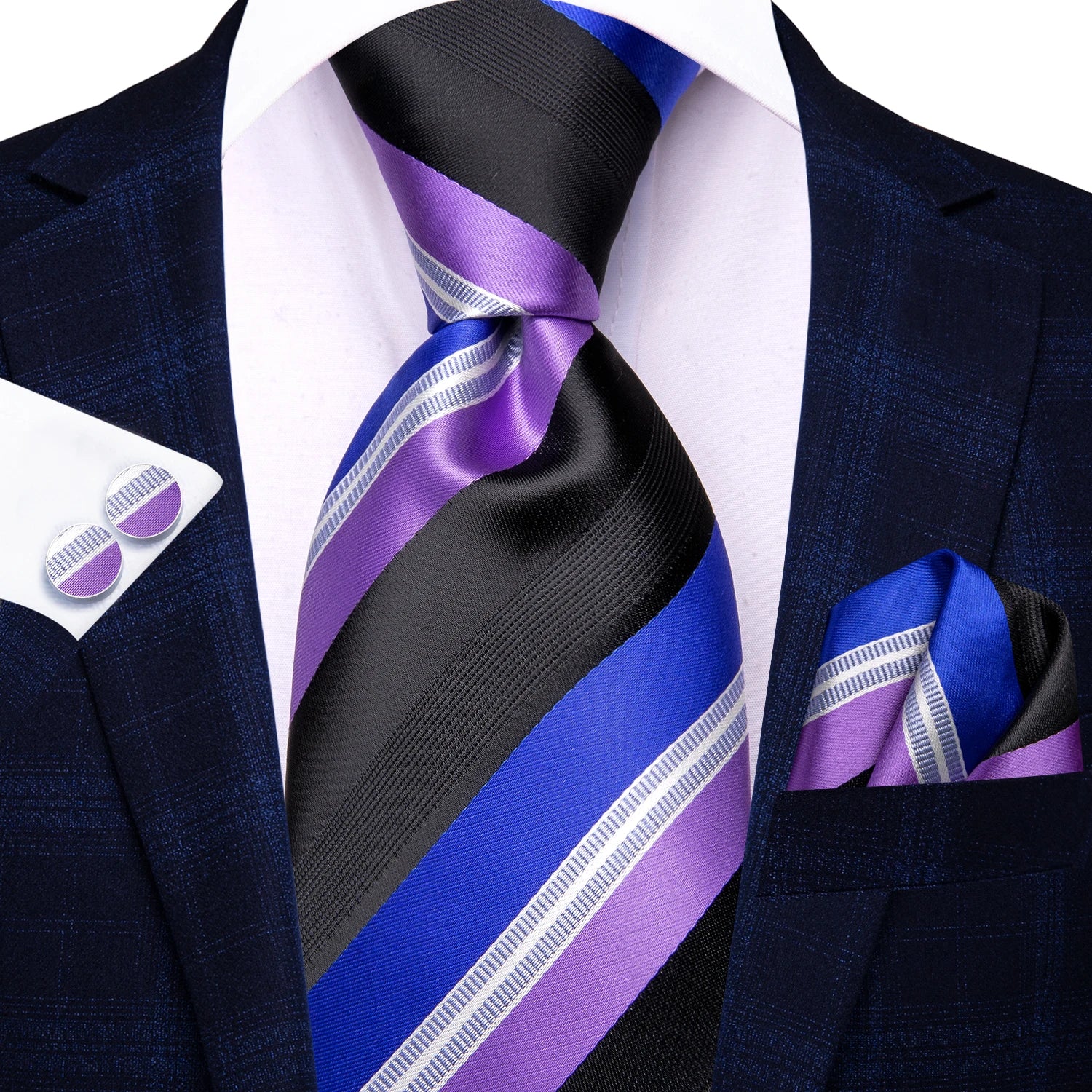 Hi-tie Mens Tie Purple Floral Stripes Solid Necktie Pocket Square