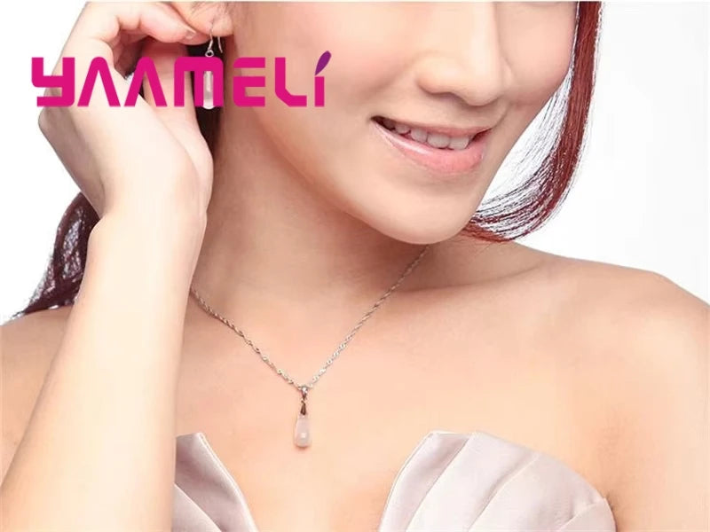 Pure Jewelry Set Simple 925 Sterling Silver Color White Pink Water Drop Opal Cat Eye Stone Pendant Necklace/Hook Earrings/Chain Qme