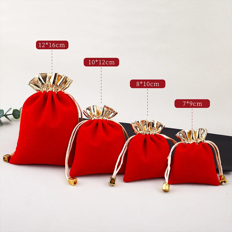 10pcs/lot Vintage Velvet Bag Gold Color Trim Drawstring Red Gift Bags Wedding Jewelry Packaging Pouches Qme