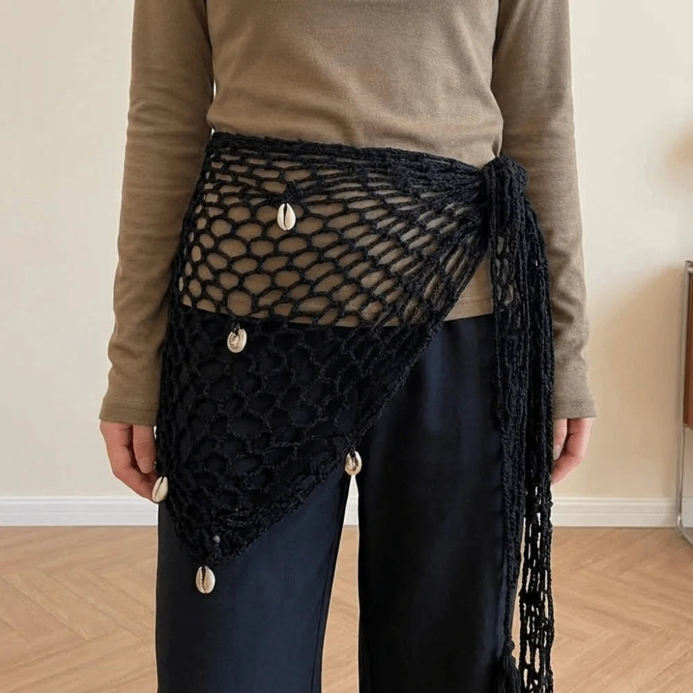 Boho Solid Triangle Hip Scarf Shell Mesh Crochet Short Skirt Wrap Qme