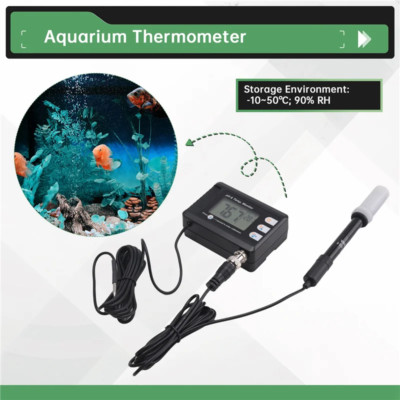 A02F-Digital Temperature& PH Meter Combo, Aquarium Thermometer With Automatic Calibration Function PH Monitor Qme