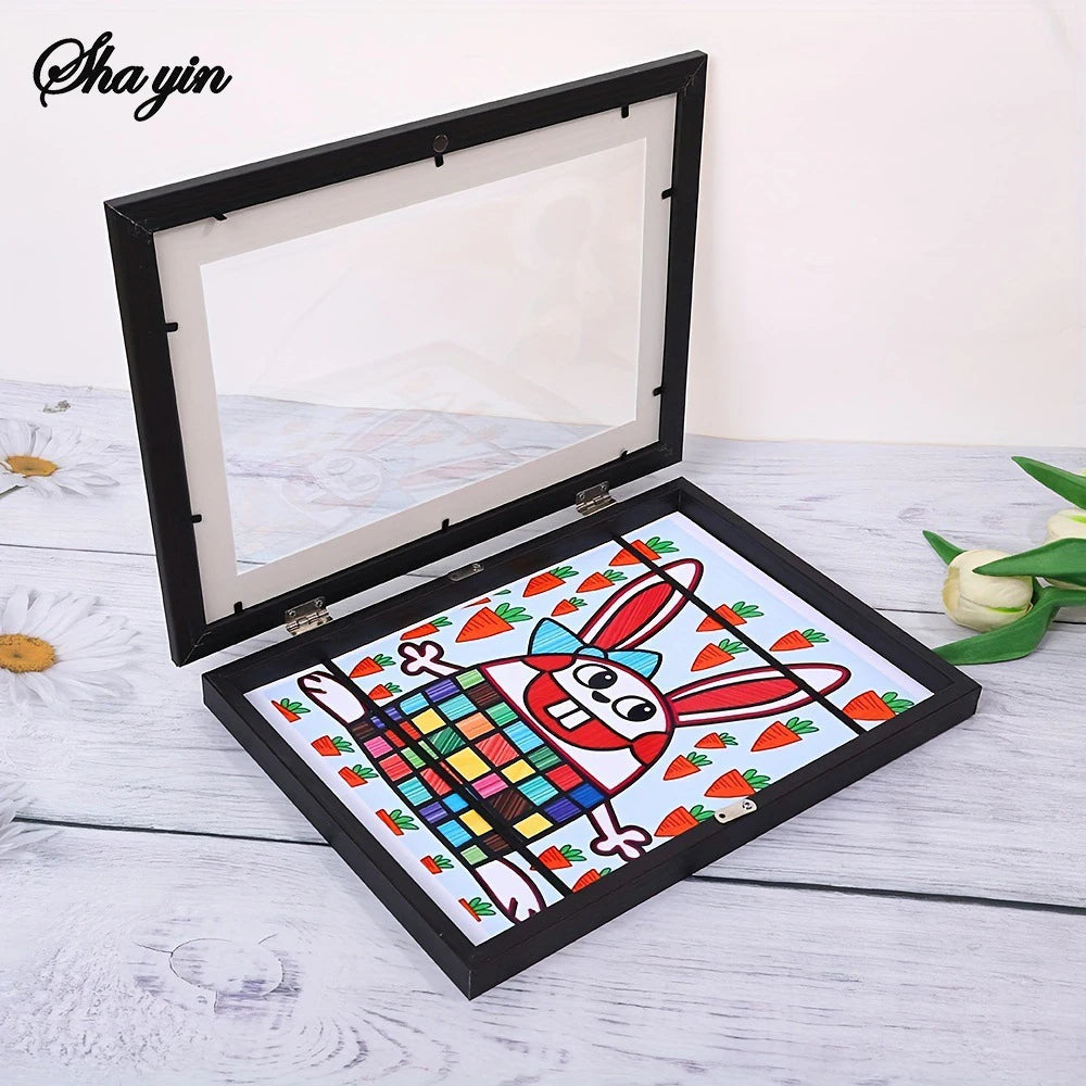 Flip Up Wooden Photo Frame, Magnetic Suction Frame, A4 Children's Photo Frame, Storage Frame, Art Work Certificate Frame Qme black