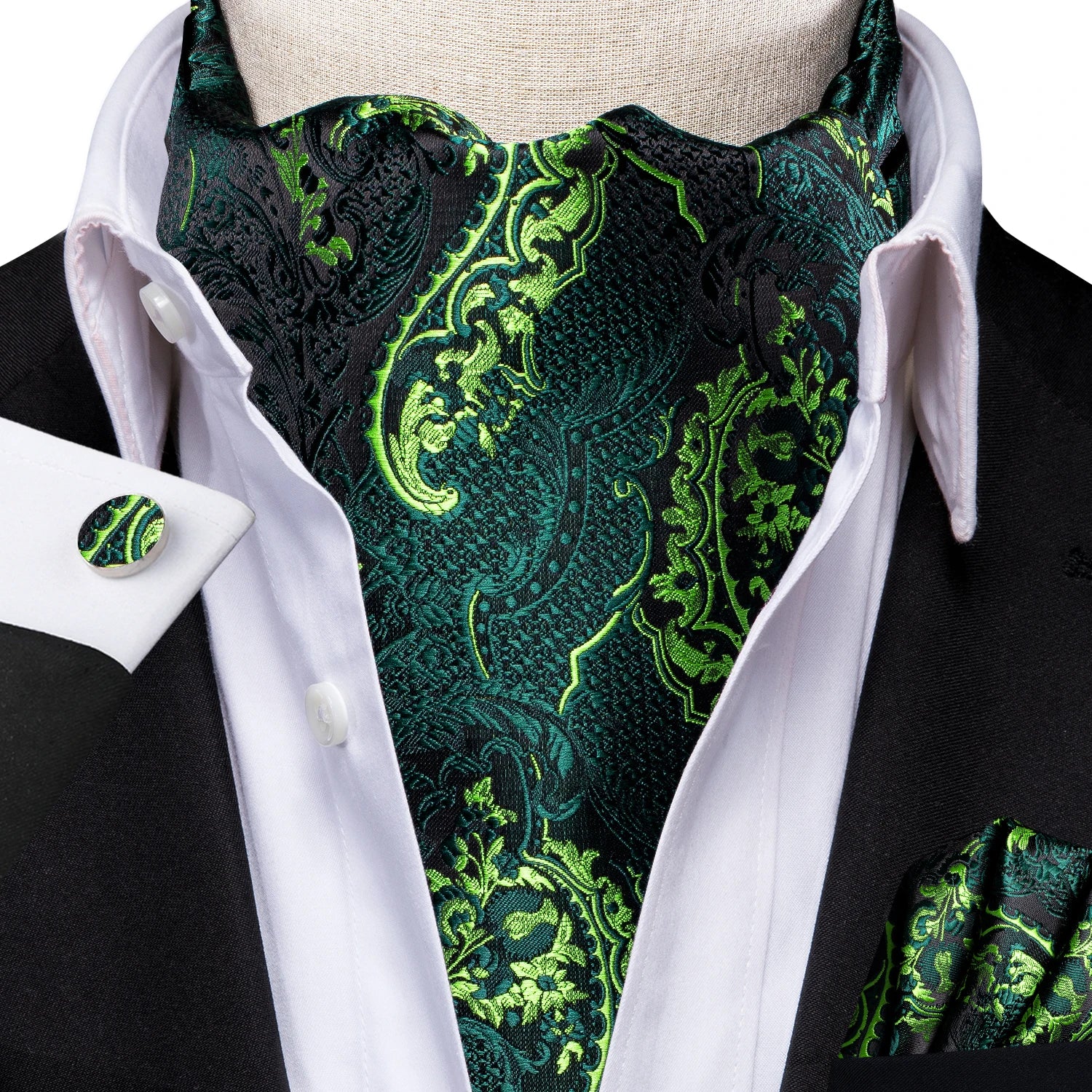 Hi-tie Silk Men's Ascot Pocket Square Cufflinks Jacquard Floral