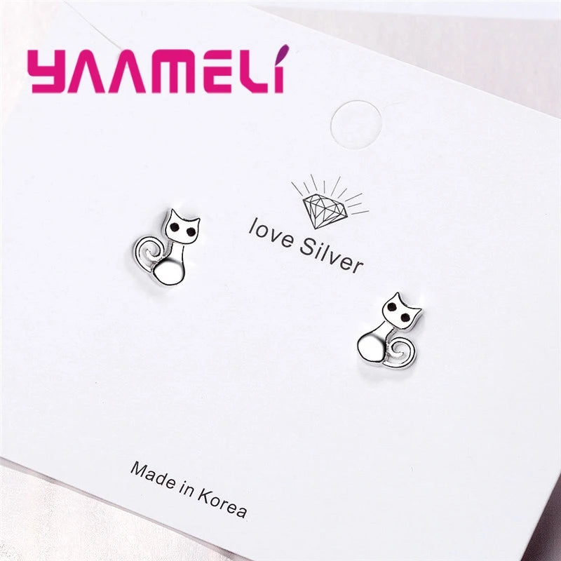 Cute Lovely Stud Earrings For Women Smart Cat Shape Jewelry Shiny Black Cubic Zirconia Top Quality 925 Sterling Silver Color Qme