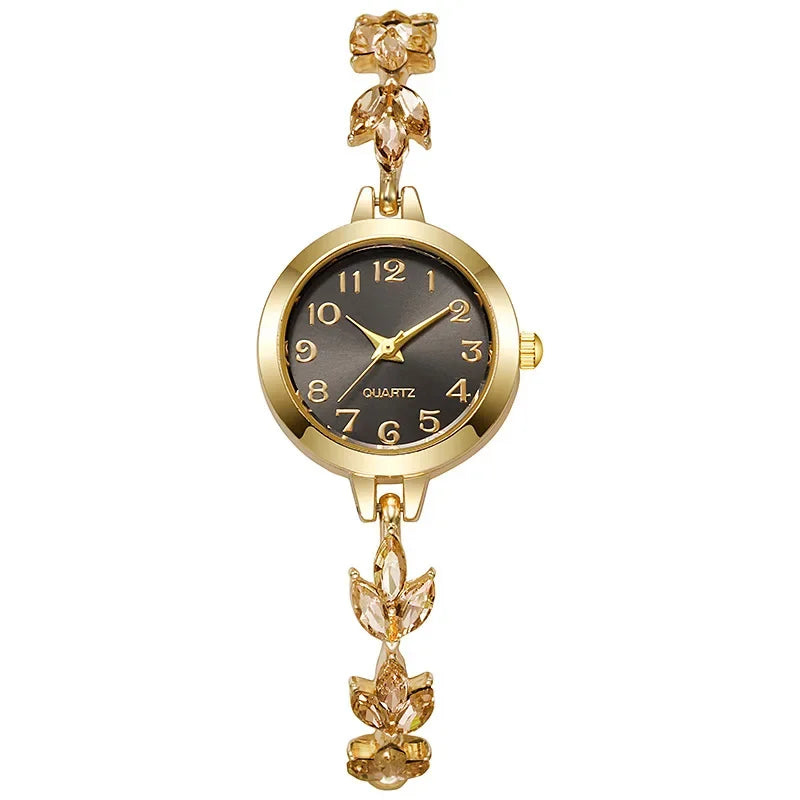 Elegant Arabic Dial Women Watches Luxury Rhinestone Bracelet Strap Ladies Quartz Watch Reloj Mujer Girls Clock Gift（Without Box） Qme Gold Black