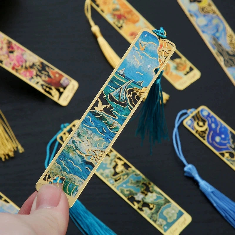 1PC Oil Painting-Style Hollow Metal Bookmark Bookmark With Tassel Pendant, For Book Lovers Writers Readers DIY Bookmarks Qme