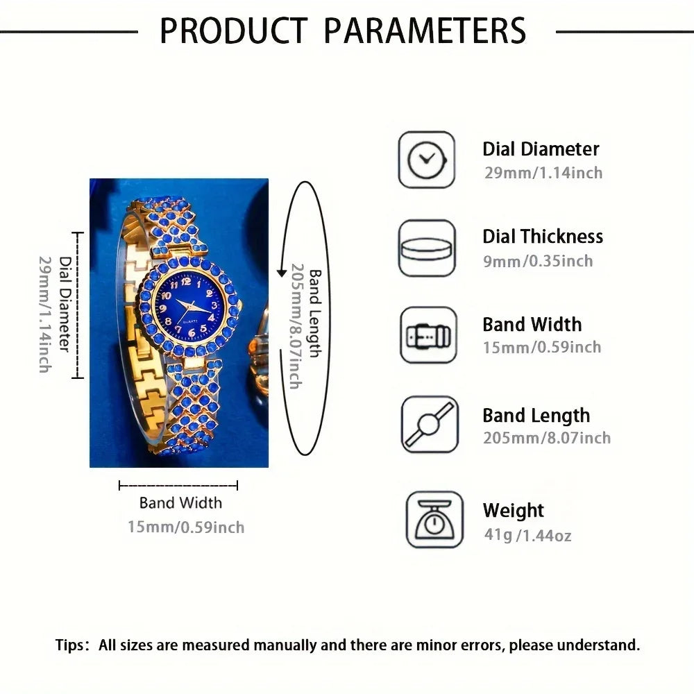 6pcs/set Women's Elegant Rhinestone Quartz Watch Blue Fashion Wrist Watch & Synthetic Gem Jewelry Set, Valentines Qme