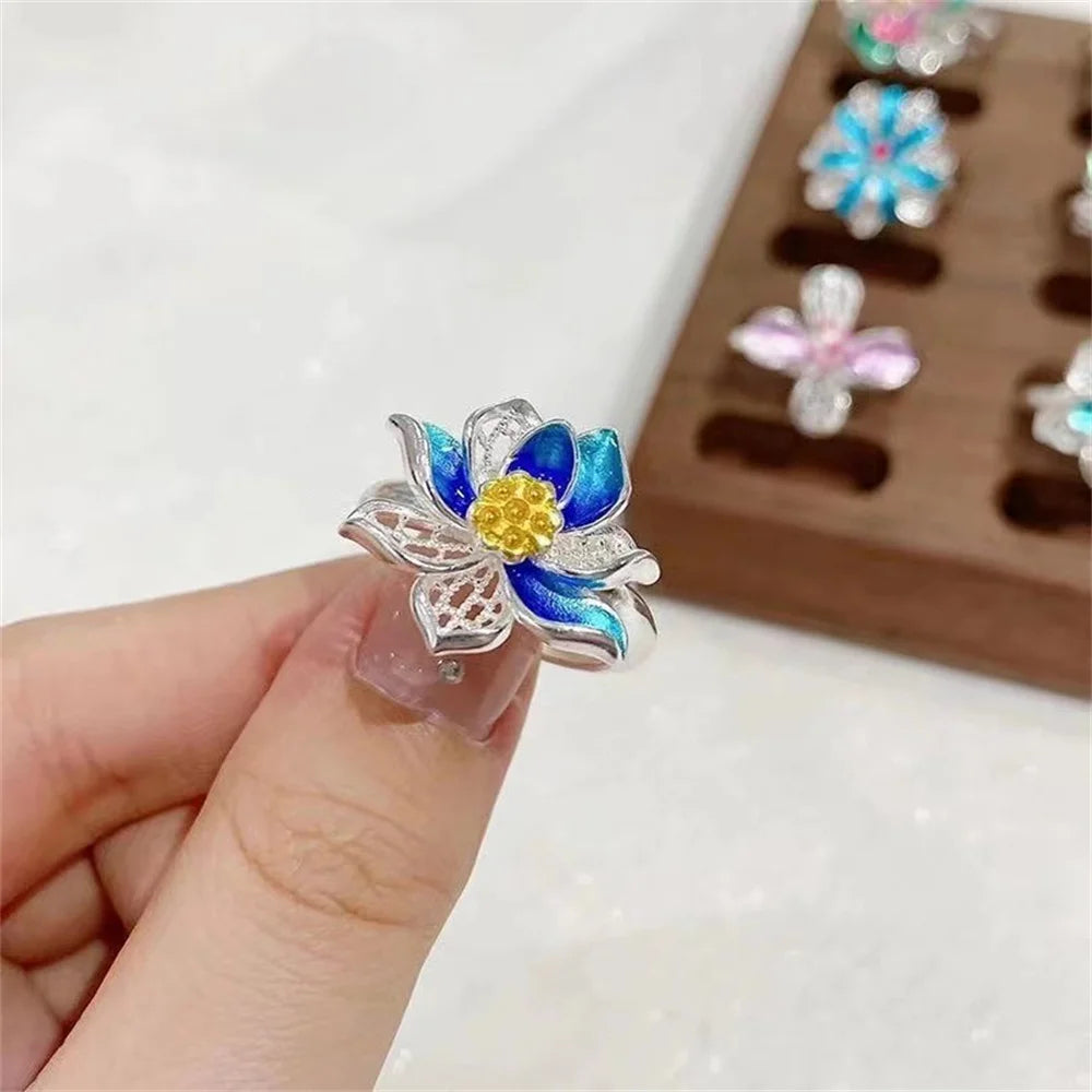 Retro Ethnic Landscape Blue Enamel Lotus Ring Adjustable Minimalist Thai Silver Fashionable Vintage Loop Ring Jewelry Qme Blue resizable