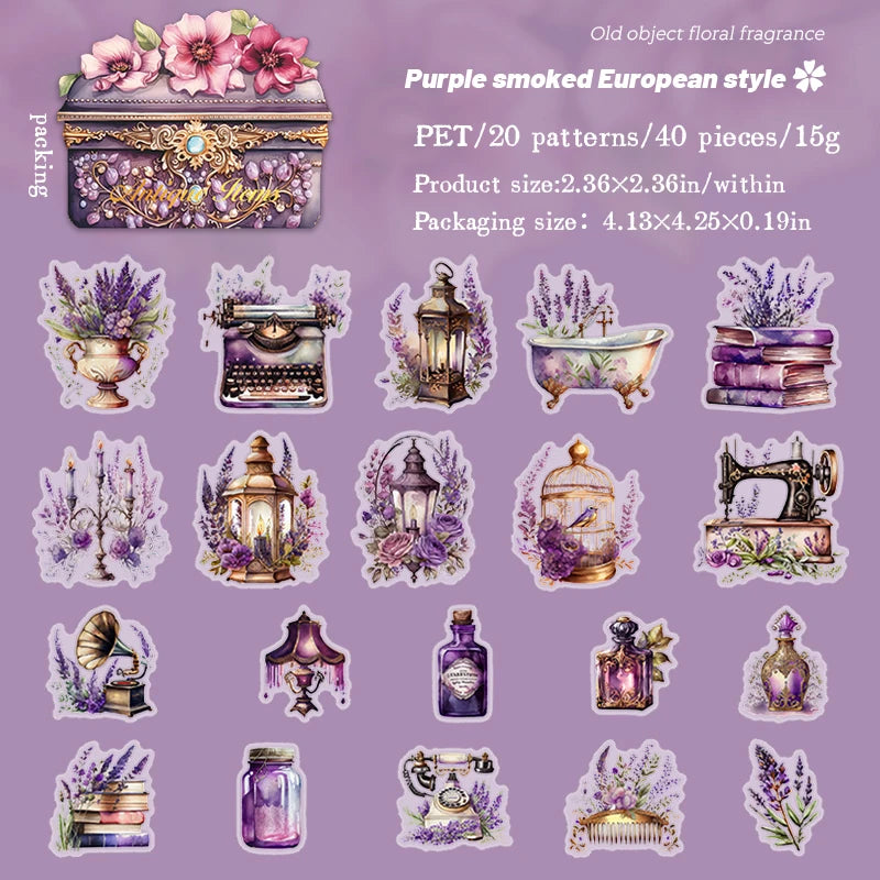 40 pcs Vintage Transparent PET Stickers pack INS Flowers Old items Decorative Scrapbooking material Diy junk journal supplies Qme F