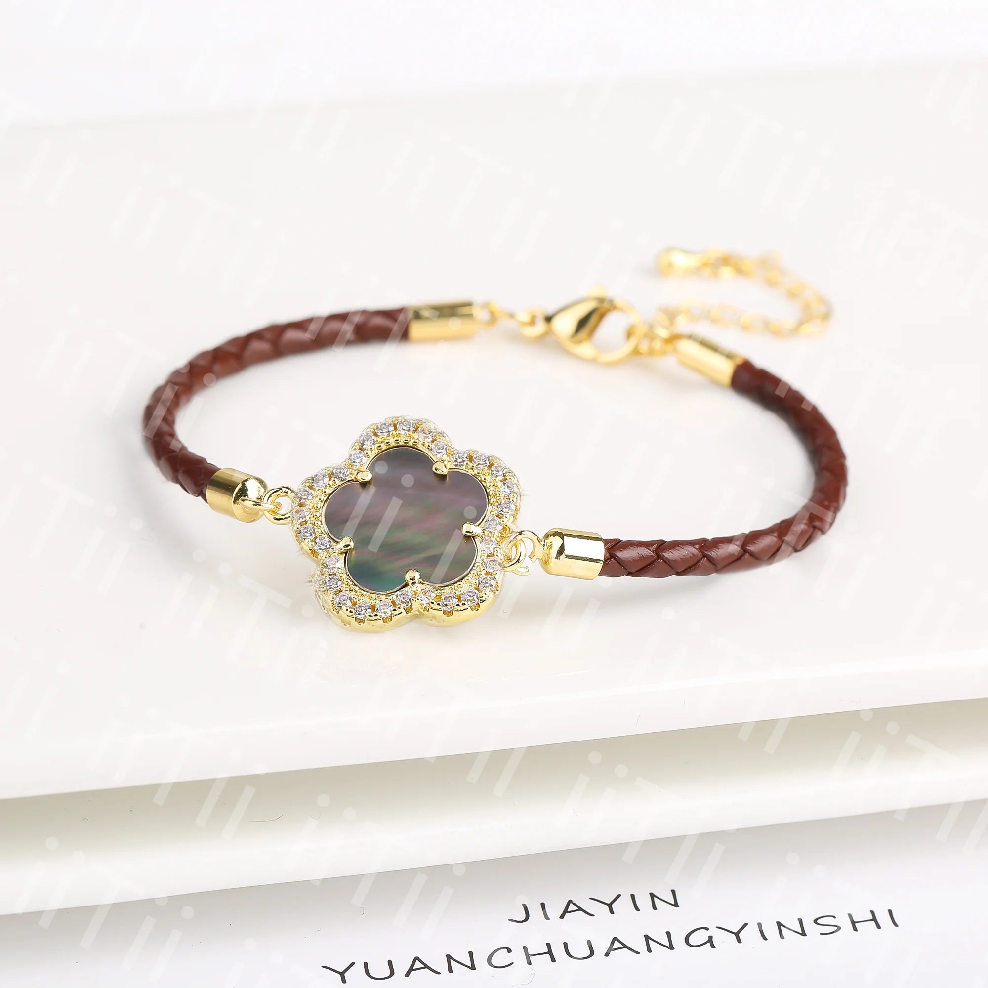 2024 Classic Shiny Zirconia Stone Five Leaf Flower Leather Braided