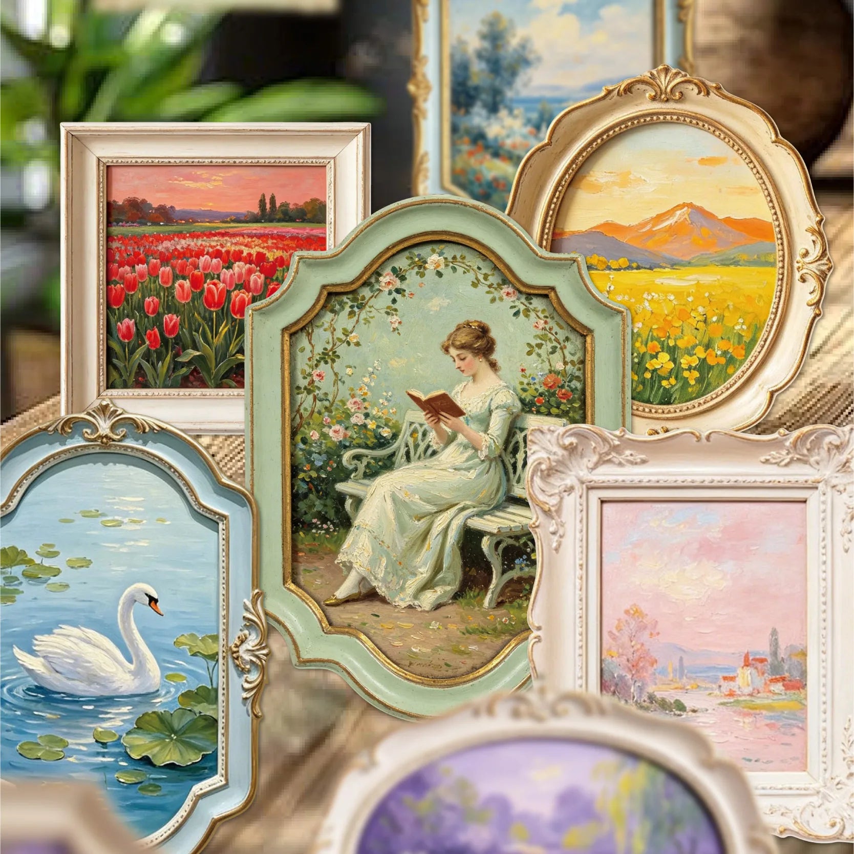 European Vintage Oil Painting Frame Stickers, Embossed Gold Rim Scenery Frames for Journal and Kuka Card Border Collage Qme
