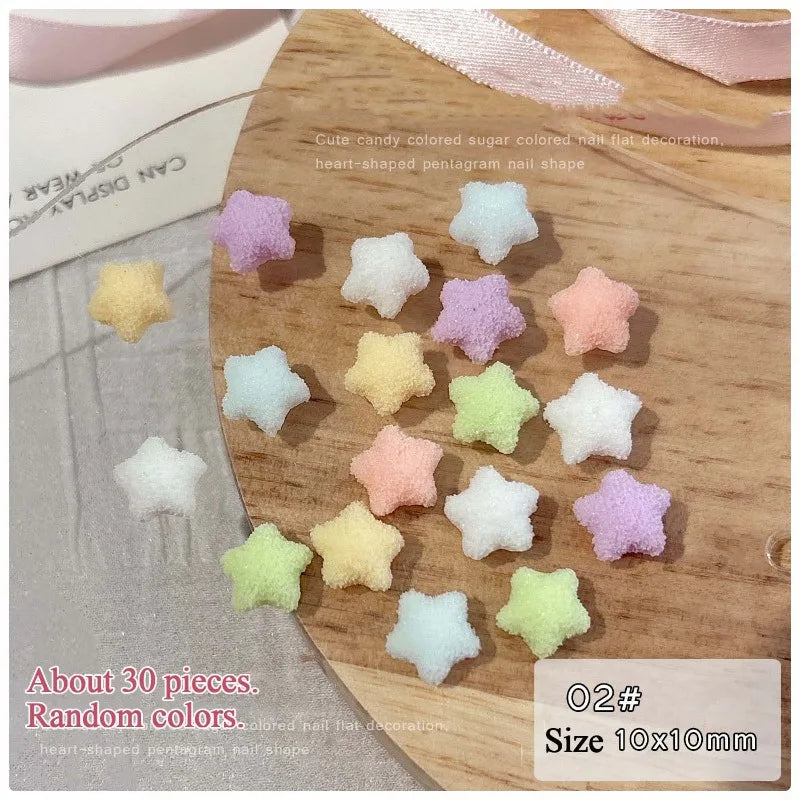 Candy Color Frosted Heart & Star Nail Charms, Sugar Texture Resin Rhinestones, Flat Back 3D Nail Art Decoration for DIY Manicure Qme star 30pcs