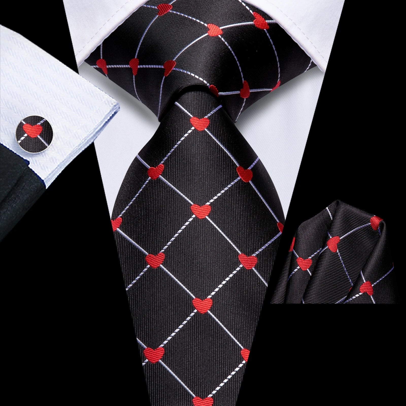 Hi-tie Black Red Heart Plaids Mens Fashion Necktie Handkerchief Qme HT-N-3999