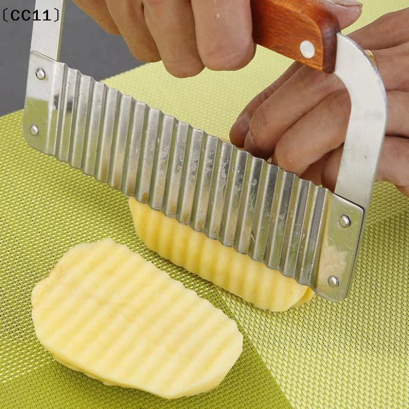 Stainless Steel Wavy Potato Cutter Wooden Handle Crinkle Vegetable Qme