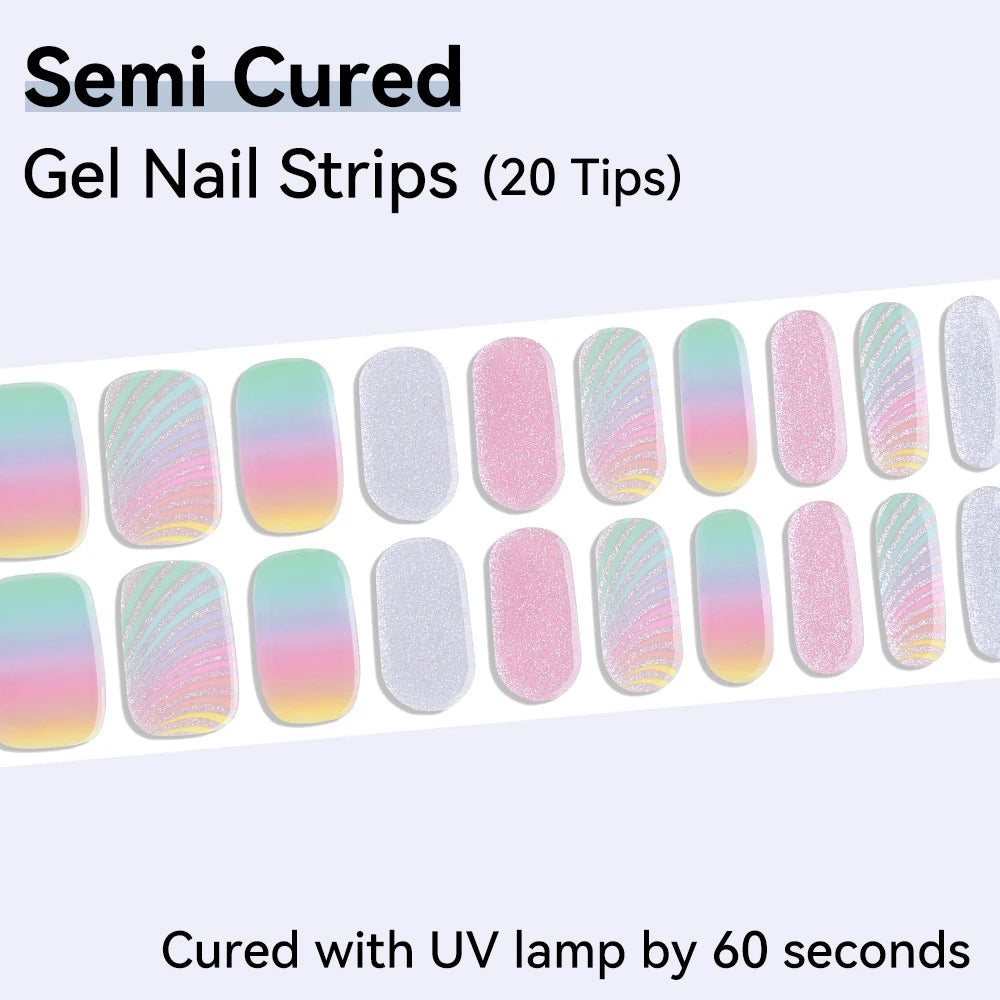 20Tips Semi-cured Gel Nail Sticker Gradient Auroras Polish Wraps Qme NC240336