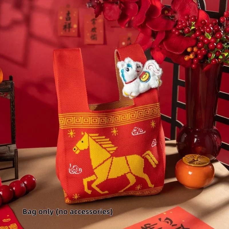 2026 Horse Year Cartoon Mascot Pony Knitted Bucket Bag Women Fashion