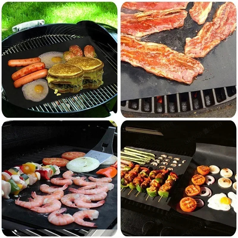 3/5pcs Reusable Non-Stick BBQ Grill Mat Pad Baking Sheet Portable Outdoor Picnic Cooking Barbecue Oven Tool Barbeque Accessories Qme