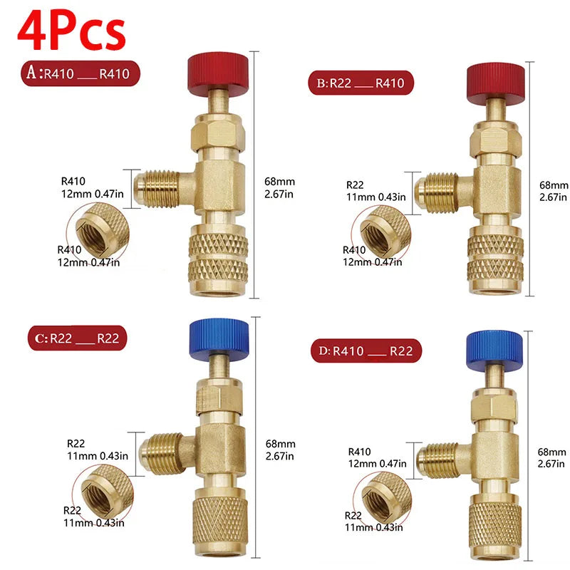 2/4Pcs Refrigerant Charging Valve, R12 R410 Safety Adapter Flow Control Ball Valve For Air Conditioner Manifold Qme Type ABCD-4Pcs