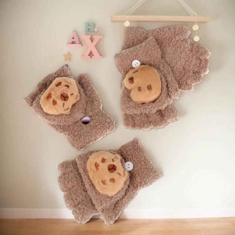Cartoon Capybara Plush Gloves Children Winter Warm Flip-top Qme