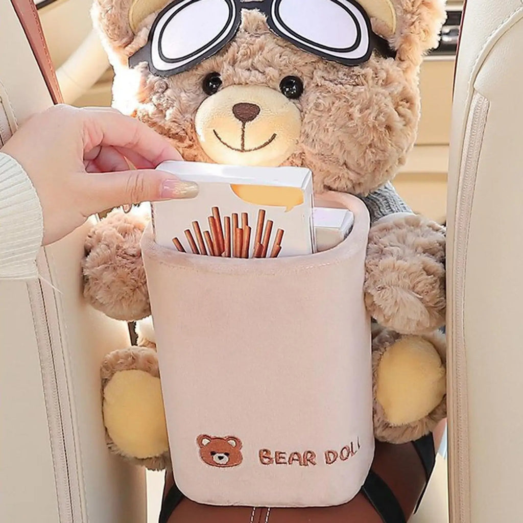 1pcs Car Tissue Box Auto Cartoon Trush Can 2-in-1 Leakproof Plush Bear Tissue Holder And Trash Can For Vehicle Home Travel Qme