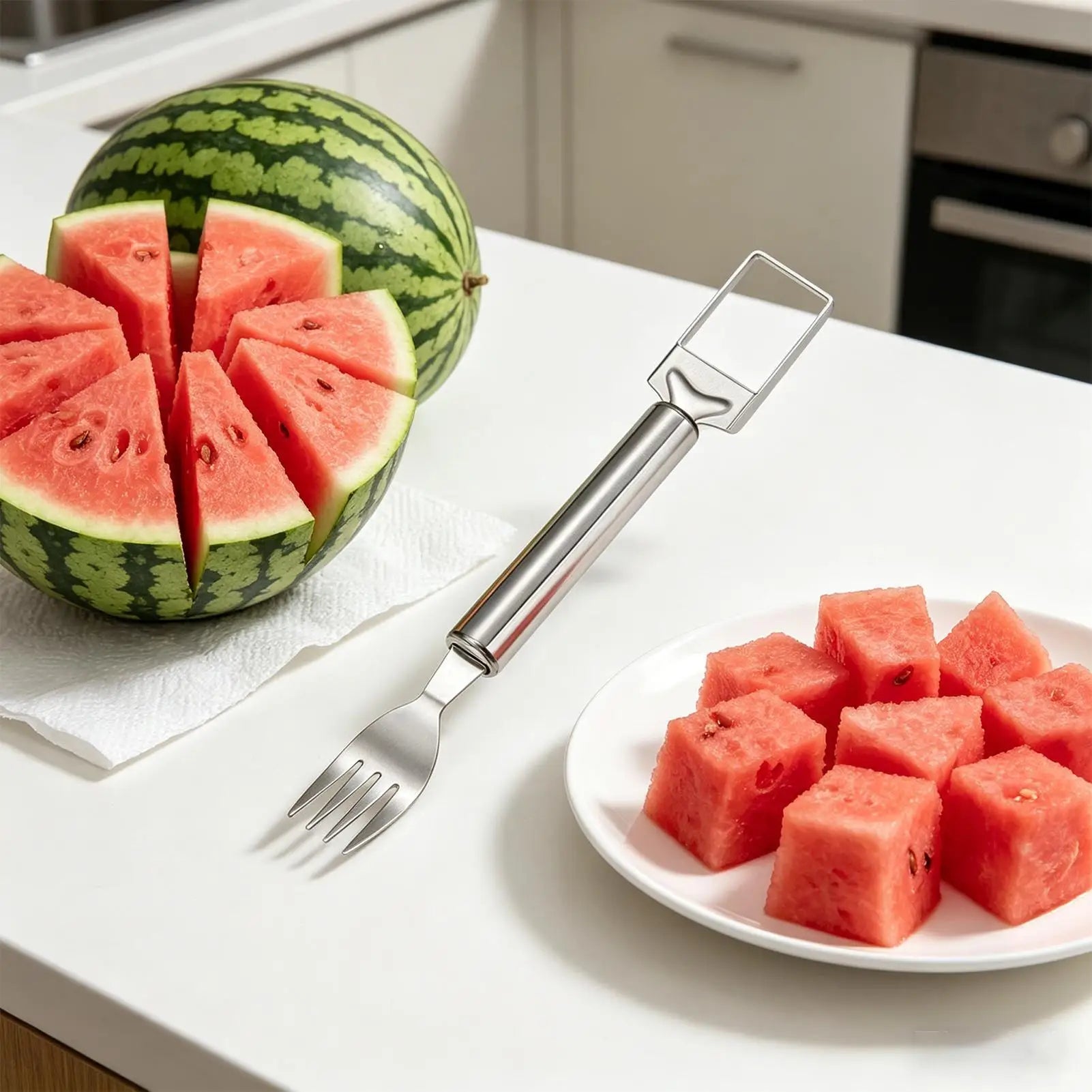 Watermelon Cutter Double Headed Kitchen Fruit Fork Stainless Steel Qme