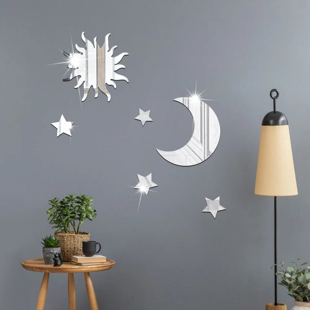 6PCS Star Moon Combination Mirror Acrylic Stereo Self Adhesive Diy Bedroom Living Room Can Be Removed Wall Stickers Qme silver