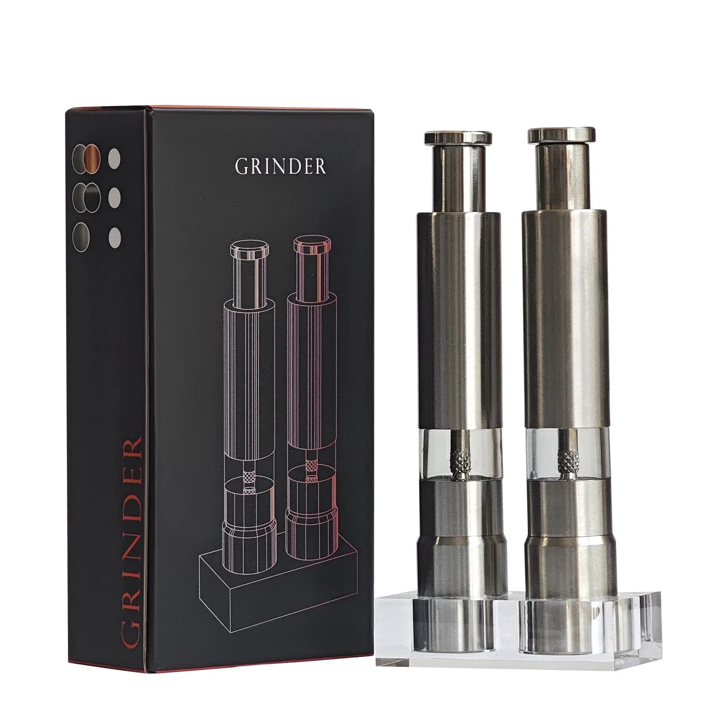 1-2PCS Stainless Steel Press Grinder,Manual Pepper Mill,Sea Salt Grinding Bottle,Pepper Powder Crusher,Kitchen Seasoning Grinder Qme Double FGAcrylic Bas