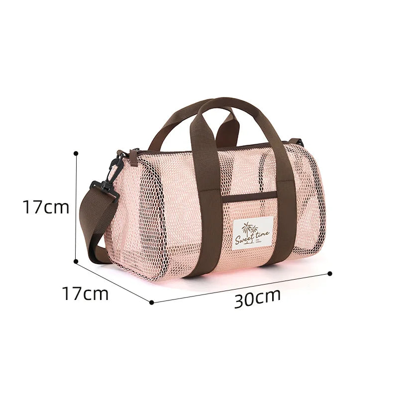 A Mesh Gym Beach Tote Bag Large Capacity Portable Handheld Travel Bag Swimming Swimsuit Storage Pouch for Outdoor Vacation Qme One shoulder pink