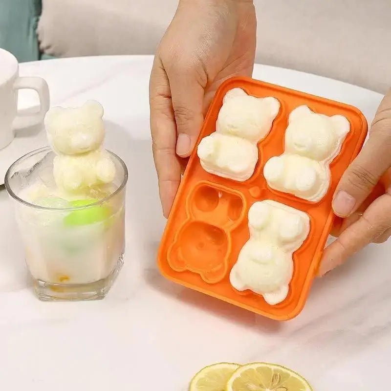 3D Food Grade Silicone Ice Mold 4Grid Bear Shape Cube Maker DIY Qme
