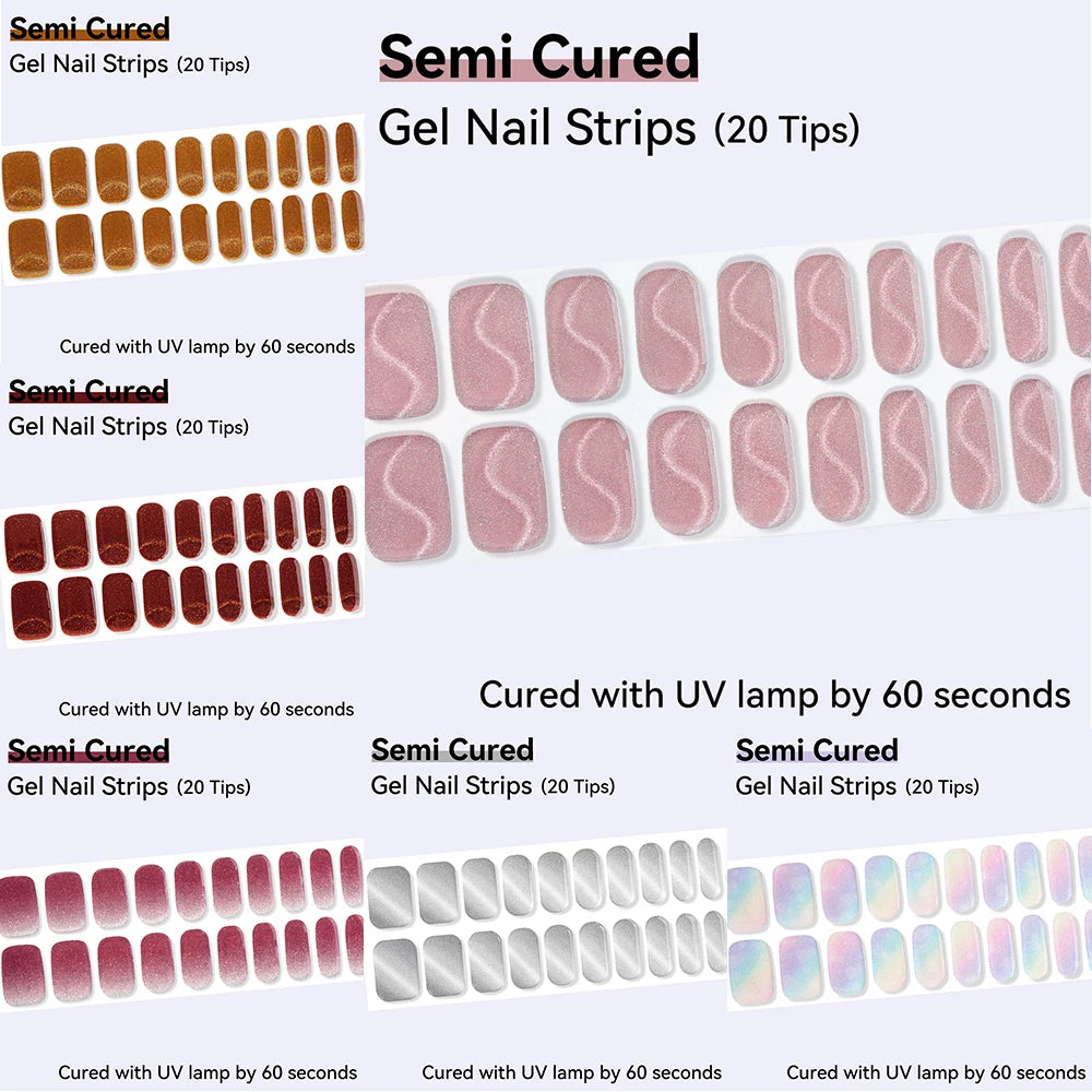 20Tips Sparkly Semi-cured Gel Nail Wraps Full Cover Shinning Pink Qme
