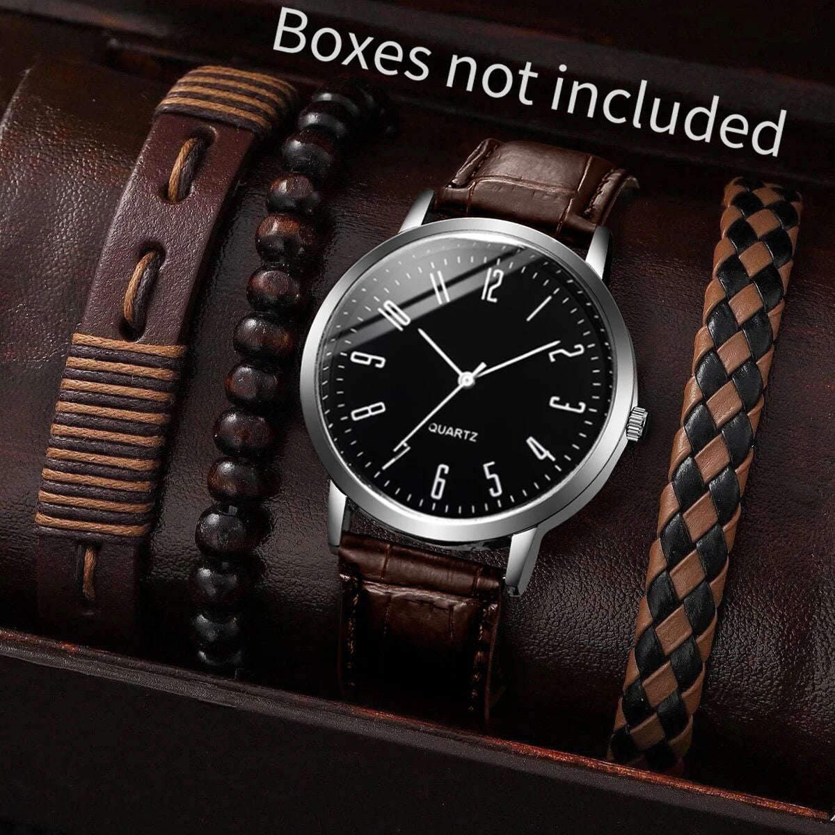 4/5PCS Fashion Men's Watches Bracelets Set Casual Arabic Dial Leather Strap Quartz Wristwatch Reloj Hombre（Without Box） Qme Brown C Without Box