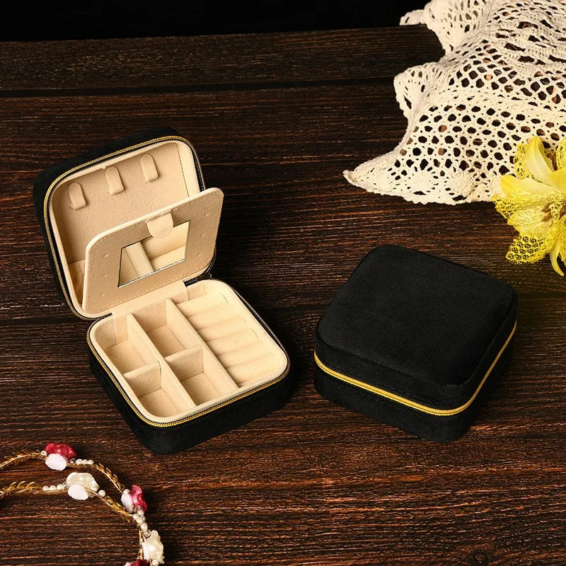Velvet Jewelry Box For Women and Girls Necklace Ring Earrings Travel Portable Zipper Square Jewelry Storage Case with Mirror Qme black