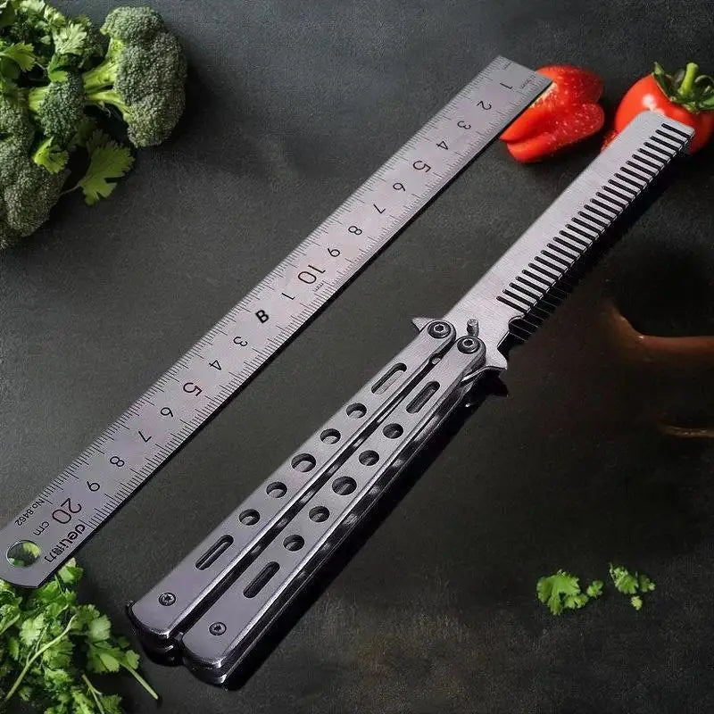 Stainless Steel Foldable Butterfly Knife Comb Hairdressing Styling Qme