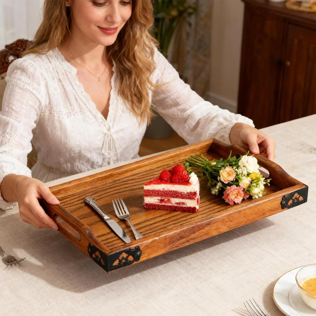 Wood Serving Tray Rectangular Platter Storage Organizer Kitchen Qme