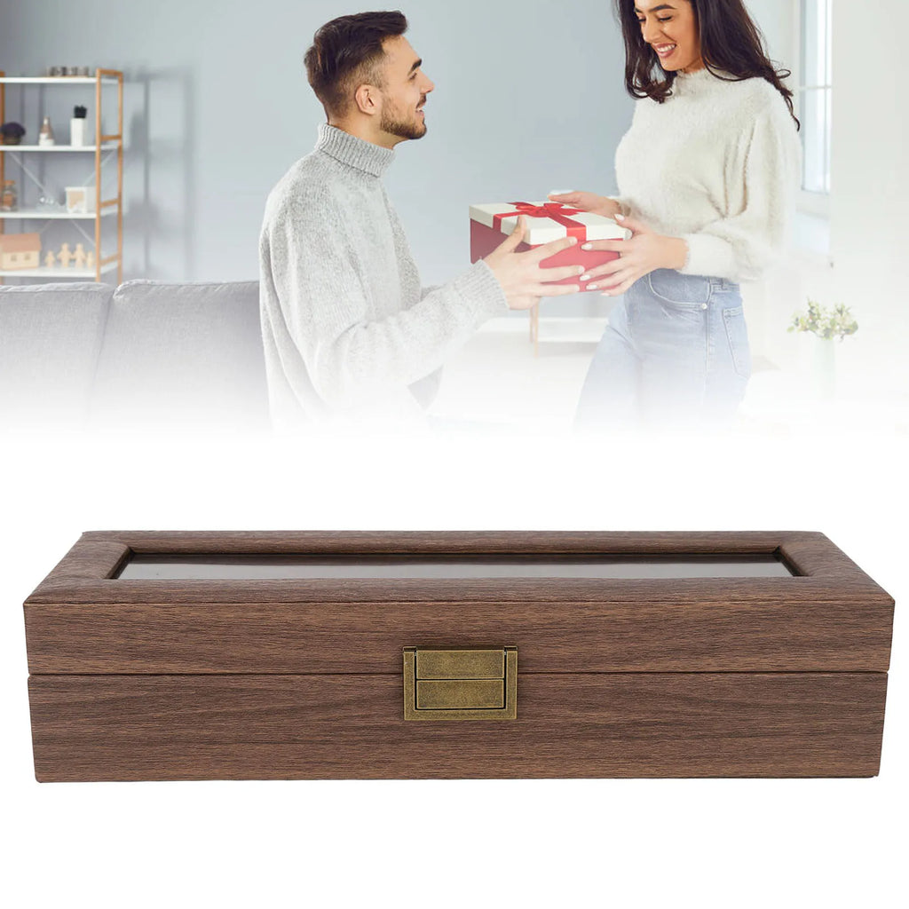 6 Slot Watch Storage Display Box Wood Grain PU Leather Lockable Wristwatch Protective Box Watch Protective Box Watch Display Box Qme