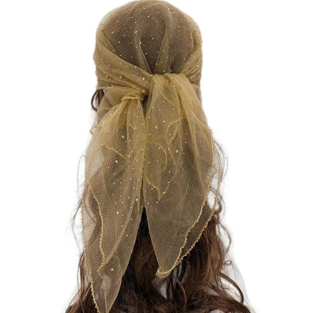 Sparkle Hotfix Rhinestone Square Scarf Sequin Thin Mesh Bandana Qme Khaki